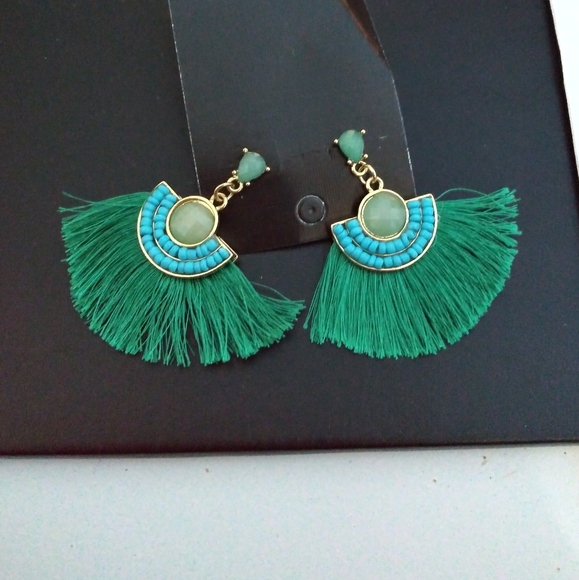 Tassel Teal Post Drop with Seed Beads Earrings - Picture 3 of 3